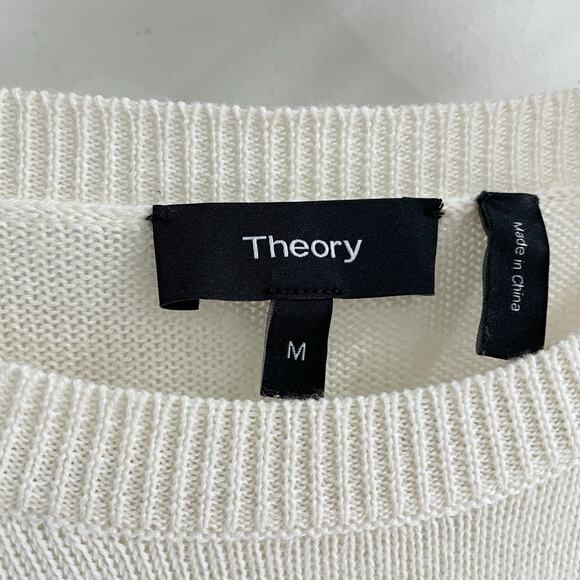 Theory Crewneck Color blocked Gray And Cream Merino Wool Blend Sweater Size M - Picture 3 of 4